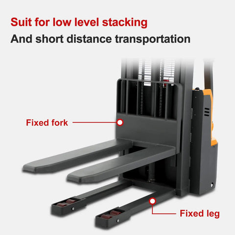 Fully Electric Pallet Stacker Crushing 2640 Pound Loads Like A Badass Workhorse With 98 Inch Max Lift, showing fixed fork and fixed leg design.