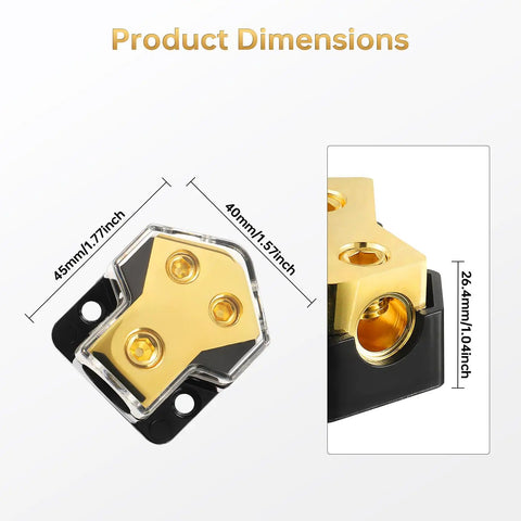 Two Way Car Audio Power Distribution Block Beefy Copper Brass Gold Plated Amp Splitter For 0 2 4 AWG In And 4 8 AWG Out Ideal For Cars Boats RVs ATVs Wiring Upgrade, 45x40x26.4mm