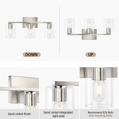 Three Light Vanity Wall Light in Brushed Nickel for Bathroom Over Mirror with glass shades, shown in up and down positions