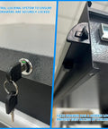 Close-up of central locking system on Hardcore Heavy Duty Workbench Cabinet Set with overhead storage and secured drawers.