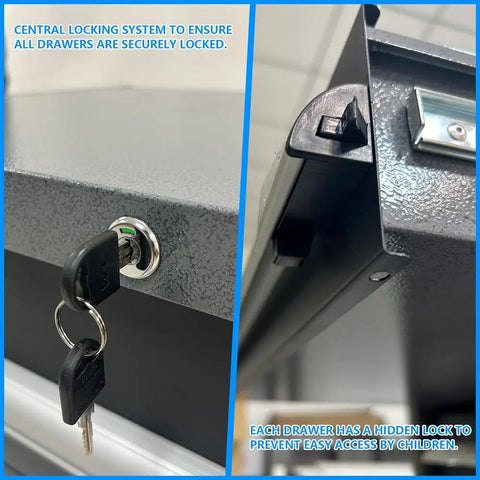 Close-up of central locking system on Hardcore Heavy Duty Workbench Cabinet Set with overhead storage and secured drawers.