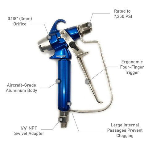 Airless Spray Gun For Paint Sprayers, 7250 PSI Capacity, Aircraft Grade Aluminum Body, 0.118 Inch Orifice, 3 Mm, Ergonomic Trigger