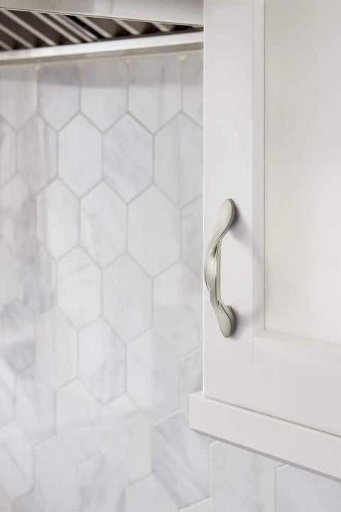 3 Inch Center To Center Satin Nickel Cabinet Pull Set 10 Pack installed on white cabinet with hexagonal tile backsplash