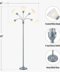 Five Head Floor Lamp With Adjustable Gooseneck Arms And Large Frosted Shade For E26 A19 Bulbs Perfect Reading Light For Living Room