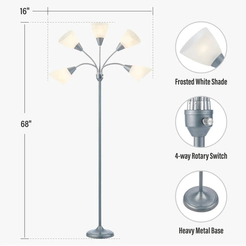 Five Head Floor Lamp With Adjustable Gooseneck Arms And Large Frosted Shade For E26 A19 Bulbs Perfect Reading Light For Living Room