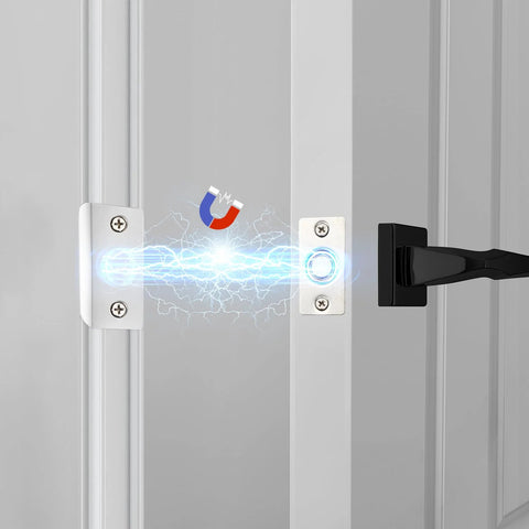 4 Pack Strong Magnetic Door Catch Set for Closet and French Doors installed, showing hidden magnetic ball latch engaging with door frame