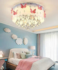Pink Butterfly LED Crystal Chandelier Flush Mount Ceiling Light With Drum Shade in girls' room, modern glam style.