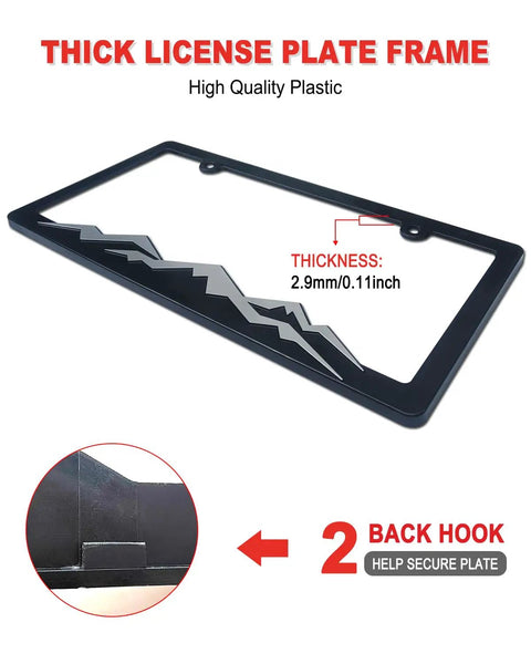 Mountain License Plate Frame Set, Black Plastic Car Tag Holder Bracket With Screws And Caps, 2 Pack, 2 Hole Mount