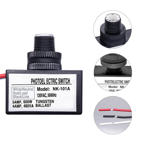 Dusk to Dawn Photocell Sensor Switch for Outdoor Lighting, 120V AC Auto Light Control, UL Listed, with wiring close-up