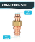 Copper Press Union Fitting One Half Inch By One Half Inch showing connection size details for tubing installation.