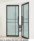 36 In By 84 In Full Lite Opaque Frosted Glass Interior Pivot Door With Black Steel Frame And Pivot Hinge Hardware Kit Slick Frameless European Style Office Door For Modern Commercial Spaces, installed view