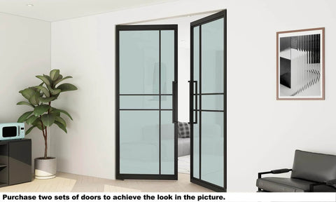 36 In By 84 In Full Lite Opaque Frosted Glass Interior Pivot Door With Black Steel Frame And Pivot Hinge Hardware Kit Slick Frameless European Style Office Door For Modern Commercial Spaces, installed view