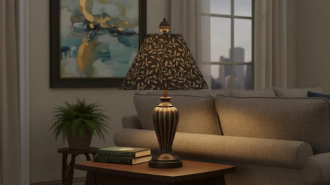 Stylish lamp with patterned shade in a cozy living room setting next to a sofa and artwork on the wall.