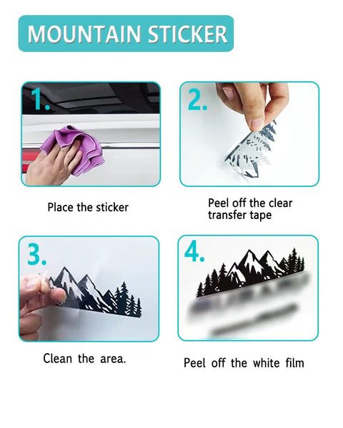 Steps showing application of mountain vinyl sticker included with Mountain License Plate Frame Set.