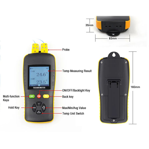 Front and back view of Two Channel K J T Thermocouple Data Logger With USB Temp Recorder And Dual Probes, showing features and dimensions