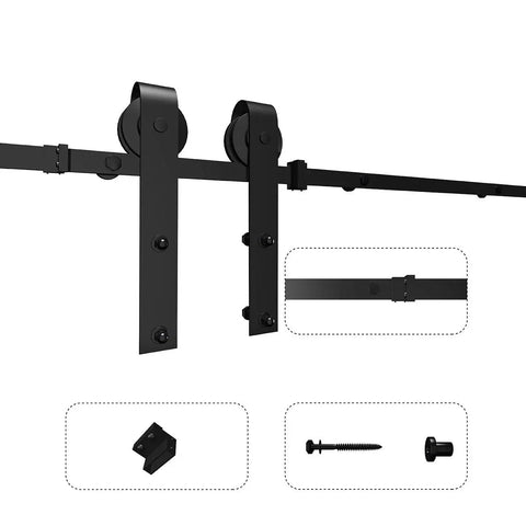 8ft Sliding Barn Door Hardware Kit with J Shape Hangers, Antique Style, shown with detailed components, Upgraded Carbon Steel Track