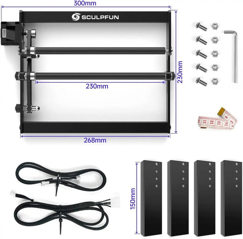 Plug And Play Laser Rotary Roller For Y Axis Engravers, showing 300mm frame, accessories, and dimensions for setup.