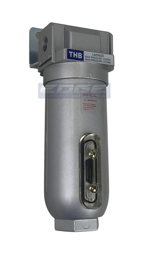 Industrial Grade In Line Desiccant Air Dryer with metal bowl and visible sight glass, 1/2 inch NPT in shop or garage for pneumatic tools.
