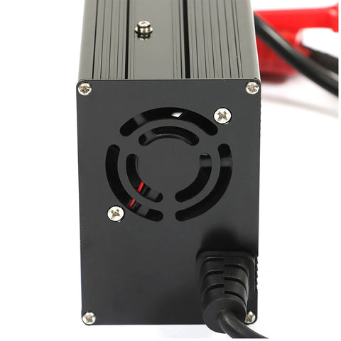 24V 10A floor scrubber charger with SB120 red connector for lead acid wet AGM batteries, rear view of casing and power cord