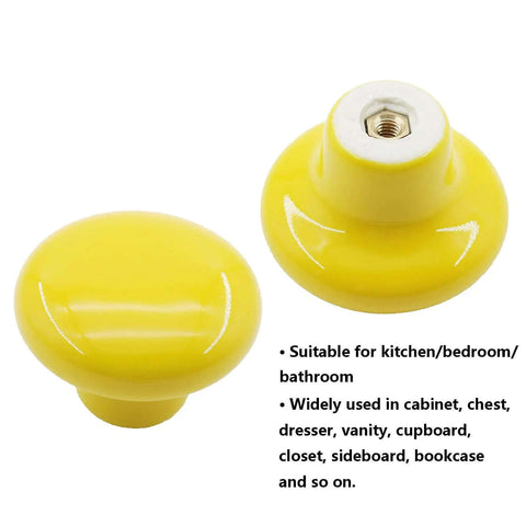 Top Shelf Handcrafted Ceramic Cabinet Knobs With A Slick Round Shape designed for kitchen and bathroom use, bright yellow color.