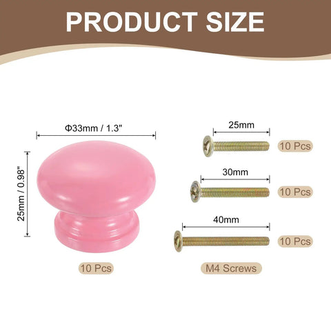 Size details of the 10 Piece Rose Red Mushroom Wood Drawer Knobs Cabinet Hardware with mounting screws.