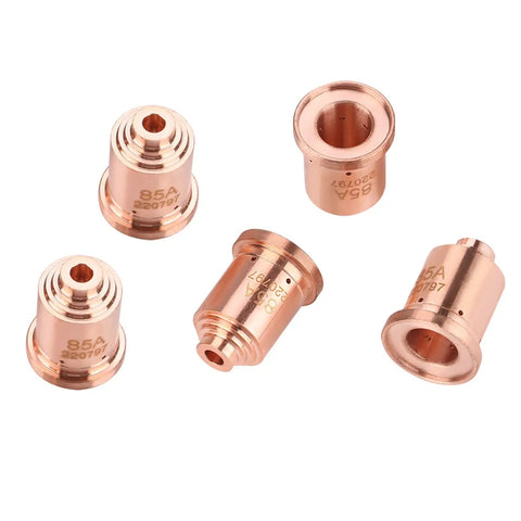Durable 85 Amp Plasma Cutter Nozzle Tips And Consumables For Max85 Torch With Premium Copper Electrode in five pack, copper build.
