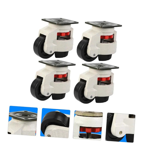 Beefy 4 Pack Heavy Duty Workbench Casters Leveling With 500kg Capacity Universal Adjustable Transport Wheels Flat Plate Swivel Feet For Carts And Equipment Easy Mobility And Solid Stability, four casters with black wheels and red leveling locks