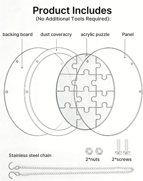Diagram showing components of Colorful Acrylic Suncatcher Puzzle Window Decor Kit With Hanging Chain And Hook, 8.9 Inch Stained Glass Style Sun Catcher.
