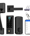 Premium Heavy Duty Smart Door Lock With App Control And Fingerprint Entry For Main Entrances featuring black deadbolt, keypad, and mobile app.