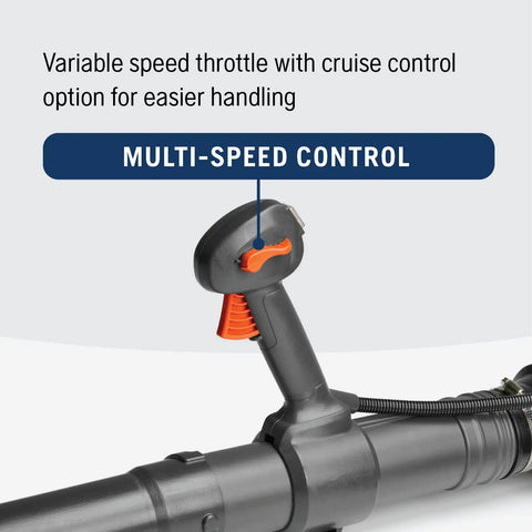 Close-up of multi-speed control handle on Gas Backpack Leaf Blower With 51cc 2.16 HP Two-Cycle Engine 765 CFM Air Flow At 270 MPH