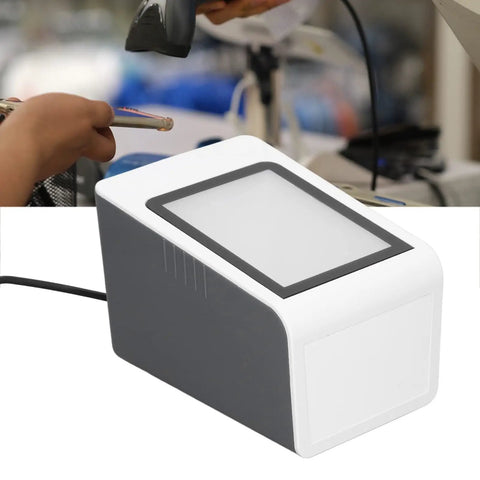 Hands Free Desktop Barcode Scanner USB Wired QR Code Reader For PC And POS with white housing and black top panel.