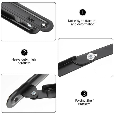 Heavy Duty Folding Wall Shelf Brackets Two Pack Black Iron Ultra Sturdy Support in close-up detail of design features