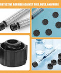 30 Pack Black Syringe Caps For Lab Use, Tight Fit PP Caps With Easy Dispensing, Leak-Proof Design, Precise Tip Caps And Stoppers For Industrial And Scientific Applications, close-up and in-use