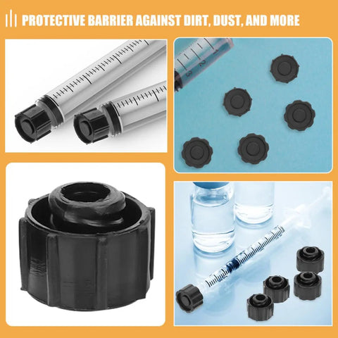 30 Pack Black Syringe Caps For Lab Use, Tight Fit PP Caps With Easy Dispensing, Leak-Proof Design, Precise Tip Caps And Stoppers For Industrial And Scientific Applications, close-up and in-use