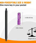 Size comparison of Ultra Bright Keychain LED Flashlight For EDC, Tiny Pocket Torch With AAA Battery Included, Purple, with a pen and scale.