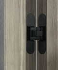 Hidden Door Hinges Pack Of 2, 6 Inch, Upgraded Invisible Concealed Hinge System, installed on wood panel, black finish, 180 degree swing