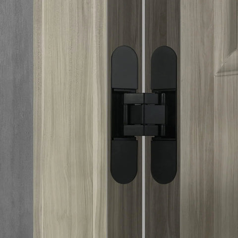 Hidden Door Hinges Pack Of 2, 6 Inch, Upgraded Invisible Concealed Hinge System, installed on wood panel, black finish, 180 degree swing