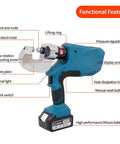 Yunding Aluminum Auto Body Riveting Machine close-up showing features like LCD display, rotating jaws, and lithium battery.