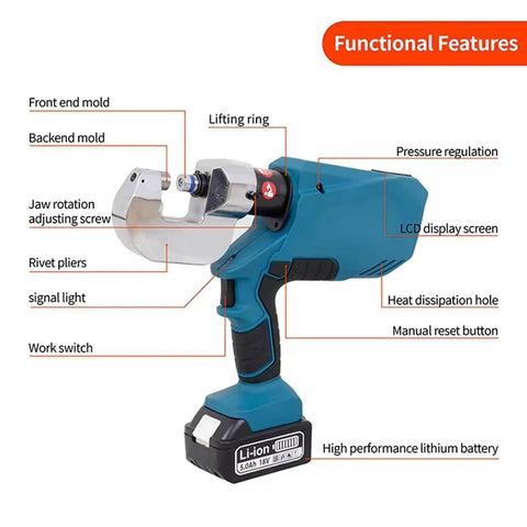 Yunding Aluminum Auto Body Riveting Machine close-up showing features like LCD display, rotating jaws, and lithium battery.