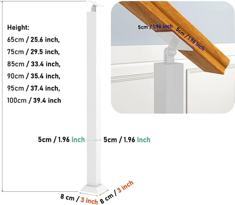 Adjustable 270 Degree Floor Mount Stair Railing With Square Metal Spindles White Banister Post dimensions of 65 to 100 cm height