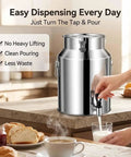Heavy Duty 1.3 To 7.4 Gallon Stainless Steel Milk Jug With Secure Silicone Gasket Lid dispensing milk into a glass on a kitchen counter.