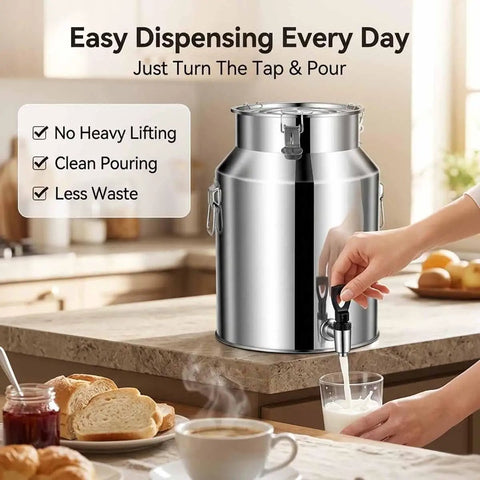 Heavy Duty 1.3 To 7.4 Gallon Stainless Steel Milk Jug With Secure Silicone Gasket Lid dispensing milk into a glass on a kitchen counter.
