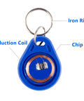 Rewritable 13.56MHz UID Key Fobs Pack Of 100 For Easy Access Control, blue fob showing iron ring, induction coil, and chip