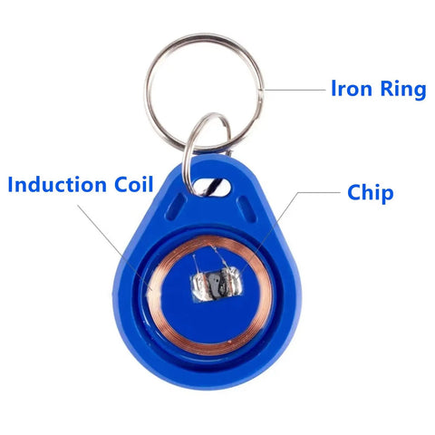 Rewritable 13.56MHz UID Key Fobs Pack Of 100 For Easy Access Control, blue fob showing iron ring, induction coil, and chip