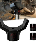 Black steel bottle jack adapter with two detachable adapters; fits 2-inch bottle jacks, shown under a car.