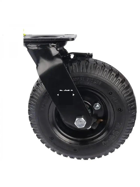 Top Shelf 8 Inch Pneumatic Rubber Swivel Caster Featuring Dependable Side Brake For Universal Hotel Luggage Cart and Badass Heavy Duty Rolling Equipment Setup - close-up view of black rubber wheel and mounting bracket.