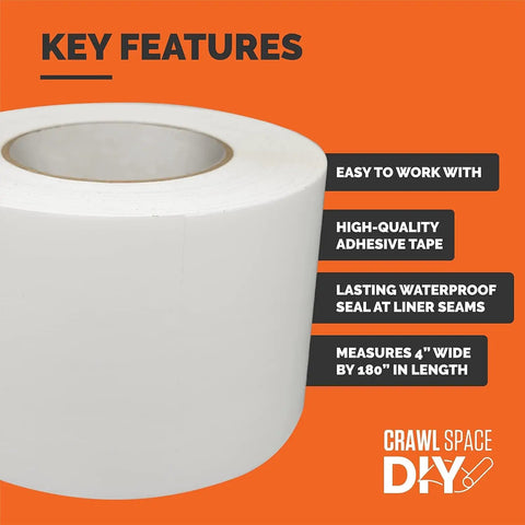 Heavy Duty Crawl Space Vapor Barrier Tape 12 Mil Seam Tape for Encapsulation and Repairs, Waterproof Moisture Barrier, 4 Inch Wide by 180 Feet Long, No Fuss Easy to Use Polyethylene Tape for Seams and Overlaps