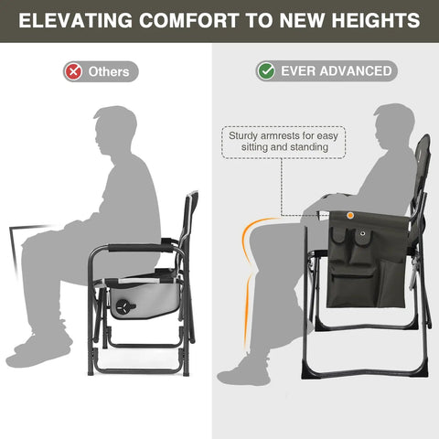 Comparison of Aluminum Lightweight Folding Director Chair With Side Table And Storage 350 Lbs Pro Grade Heavy Duty Camping Chair showing armrest height.