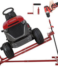Heavy Duty Lawn Mower Lift Jack For Riding Mowers Zero Turn Mowers And Garden Tractors Telescopic Maintenance Jack With Foldable Design Easy Lift Crank Handle And Power Tool Handle Supports Up To 880 Lbs lifting a red lawn mower