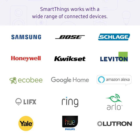 SmartThings compatible device logos including Samsung, Bose, Schlage, Honeywell, Google Home, Amazon Alexa, and others.